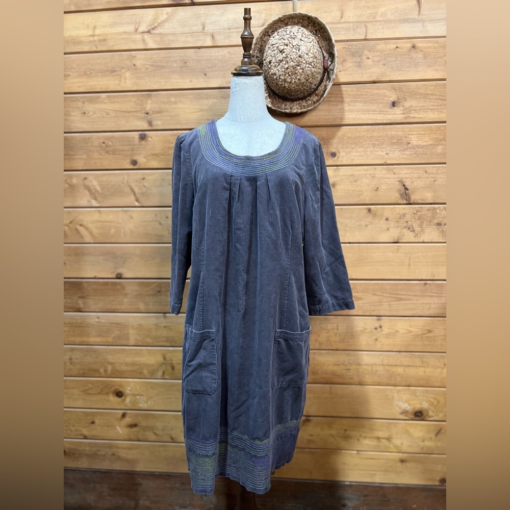 Boden Gray Purple Corduroy Shift Style Tunic Dress Embroidery Size 14R